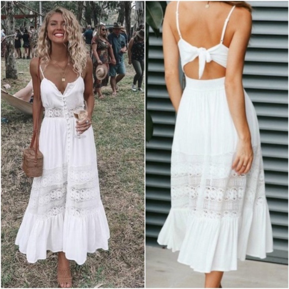 BellanBlue Dresses & Skirts - Boho White lace button up cami open back ruffle dress